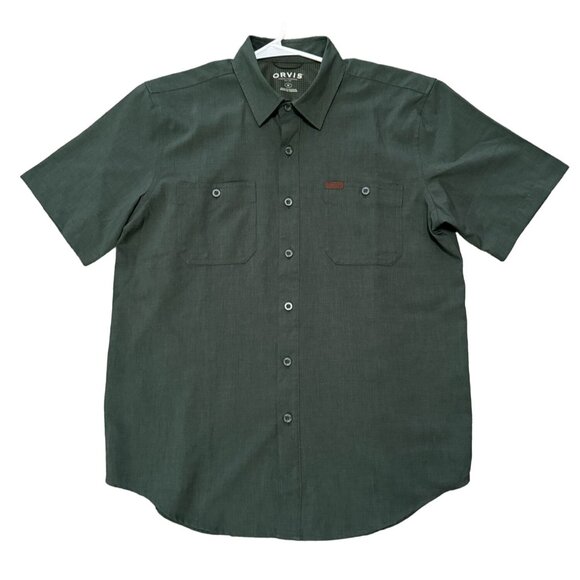 Orvis Mens Medium Short Sleeve Tech Shirt Hunter Green Leather Tab Pocket Vented - Picture 1 of 7